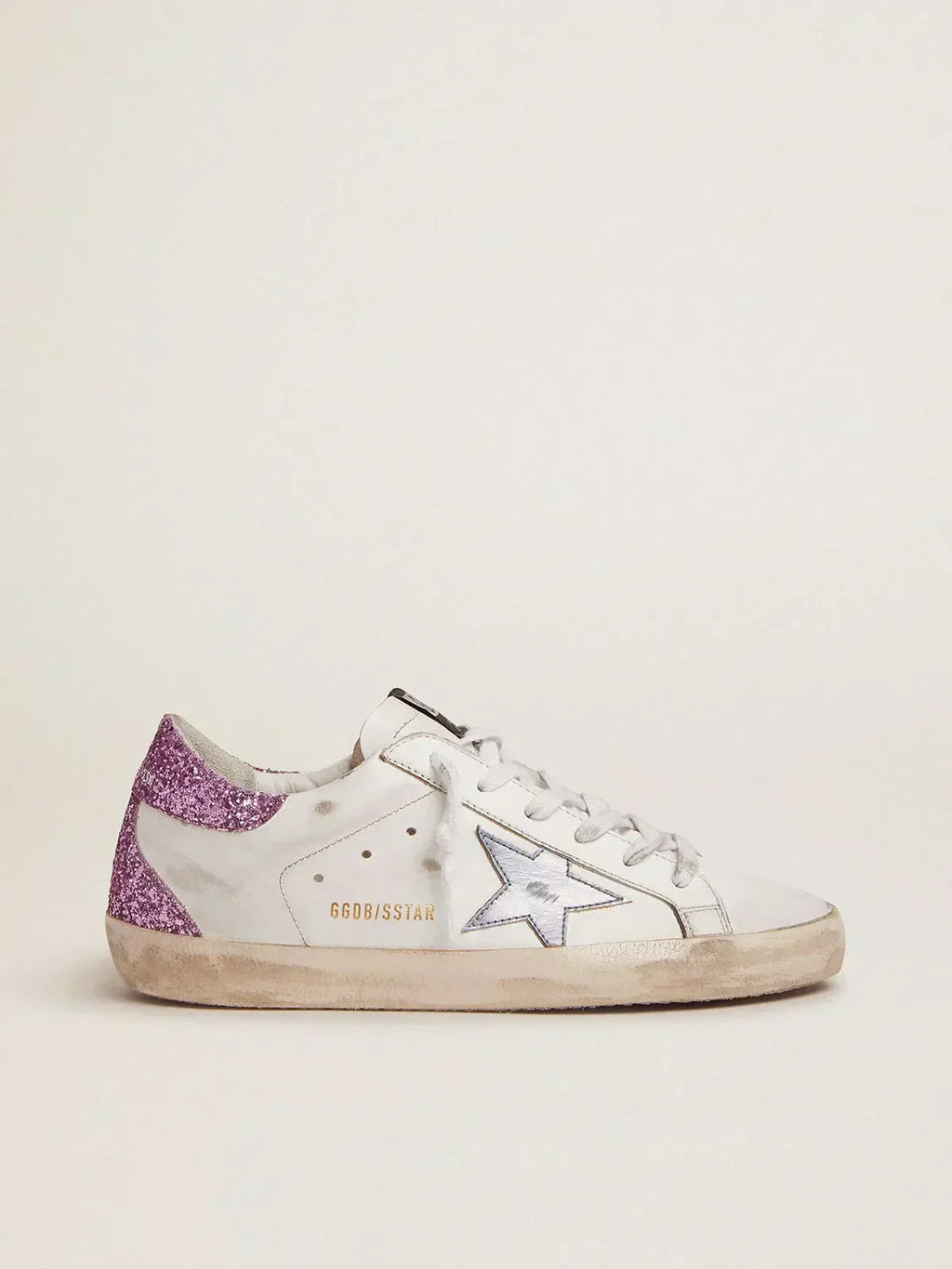 Sneakers Super-Star con talloncino glitterato color lavanda e stella in pelle metallizzata azzurra 