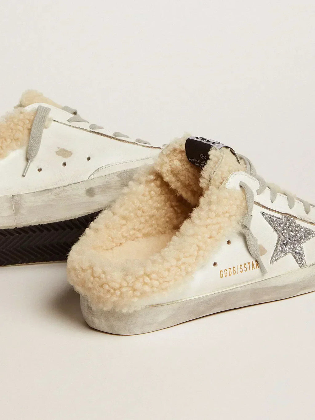 Sabot Super-Star in pelle bianca con stella glitterata argento e fodera in shearling 