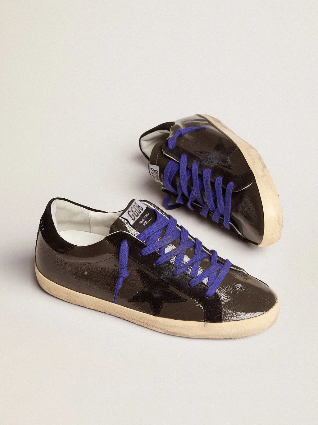 Super-Star sneakers in gray patent leather with black suede inserts