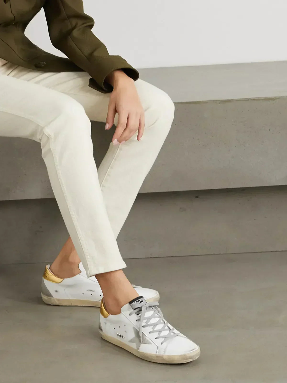 Superstar distressed leather and suede sneakers