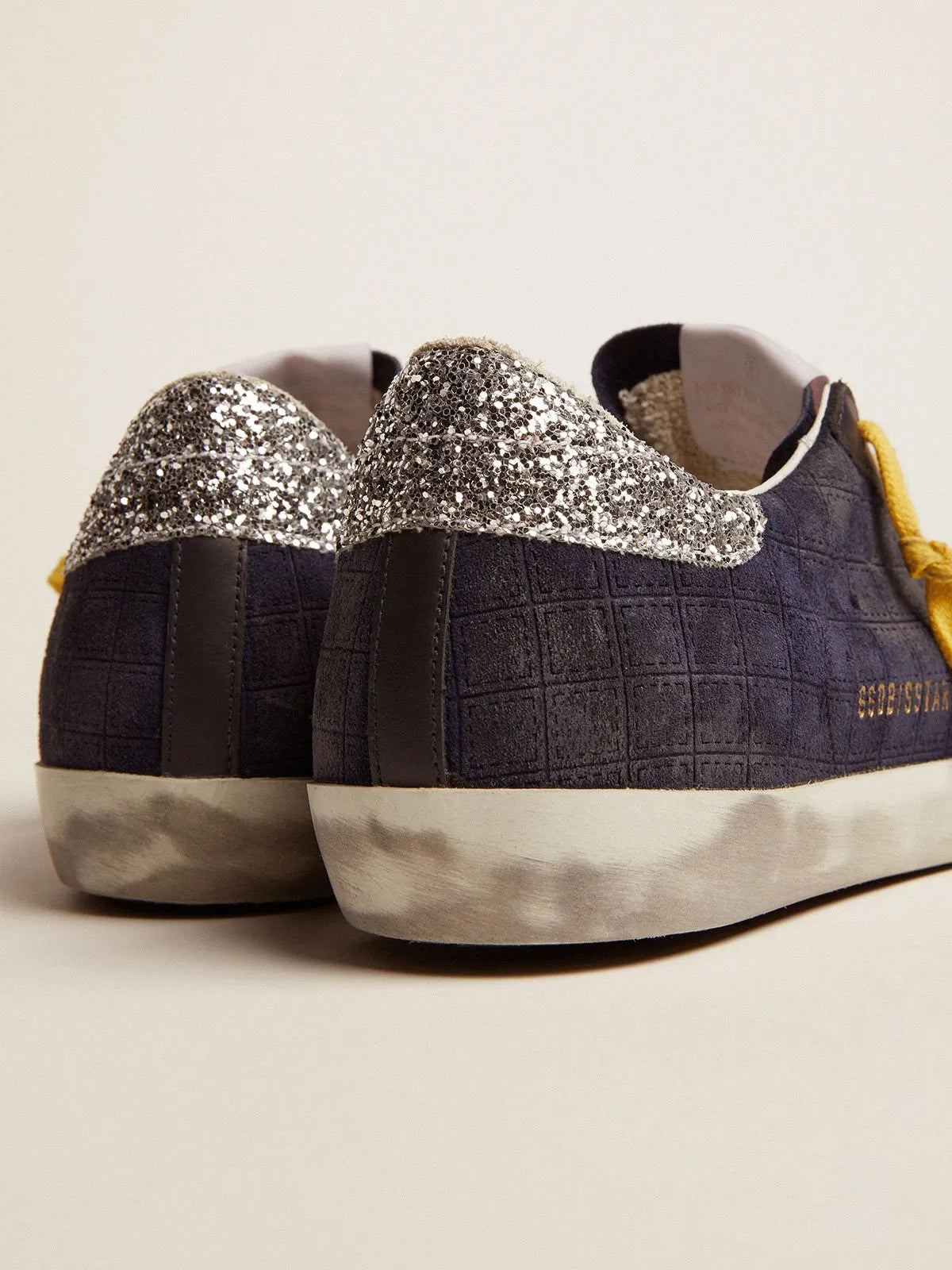 Super-Star sneakers in dark blue suede with checkered pattern and silver glitter details
