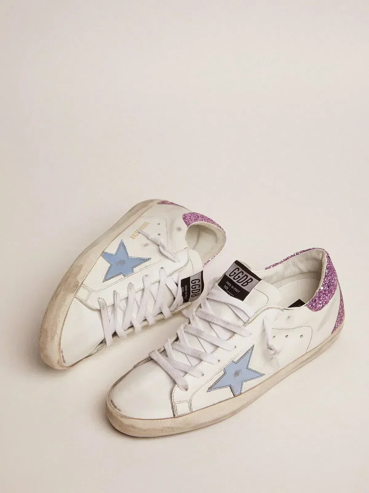 Super-Star sneakers with lavender glitter heel tab and light-blue metallic leather star