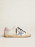 Sneakers Super-Star con stella in pelle blu cobalto e talloncino glitterato rosa 