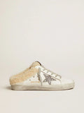 Sabot Super-Star in pelle bianca con stella glitterata argento e fodera in shearling 