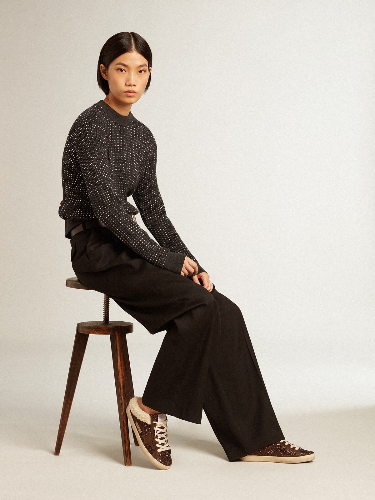 Sabot Super-Star in glitter con stella marrone e fodera in montone