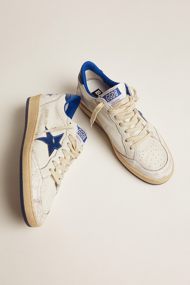 Ball Star da donna in nappa bianca con stella in pelle metallizzata blu brillante e linguetta sul tallone