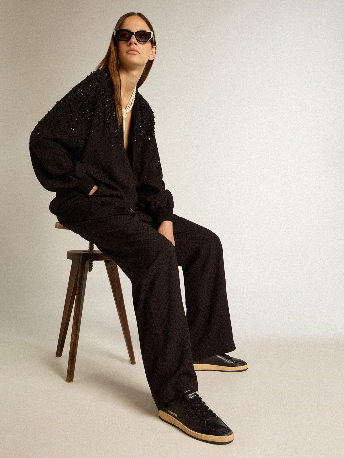 Ball Star da donna in nappa nera con stella glitterata nera e linguetta in pelle scamosciata sul tallone