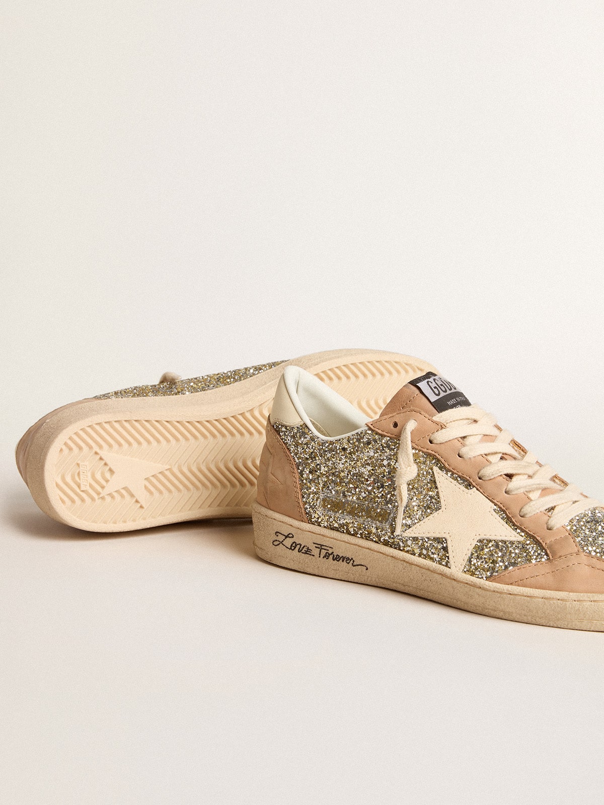 Ball Star da donna in glitter platino con stella in pelle crema e punta in nabuk
