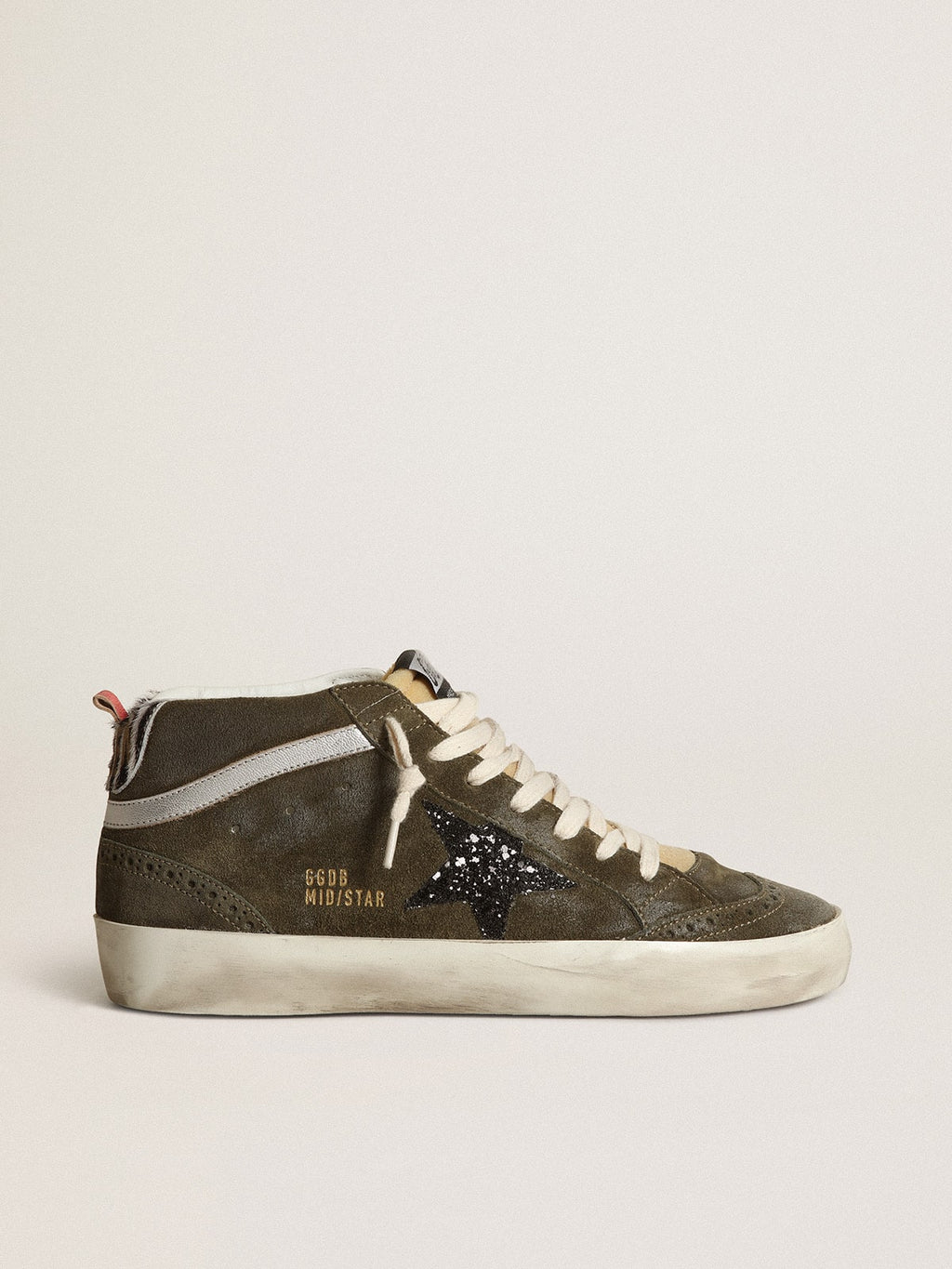 Women’s Mid-Star in olive-green suede with black glitter star and pony skin heel tab