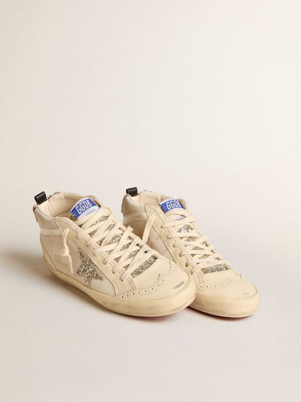 Mid Star da donna in mesh con stella glitterata platino e lampo in pelle bianca