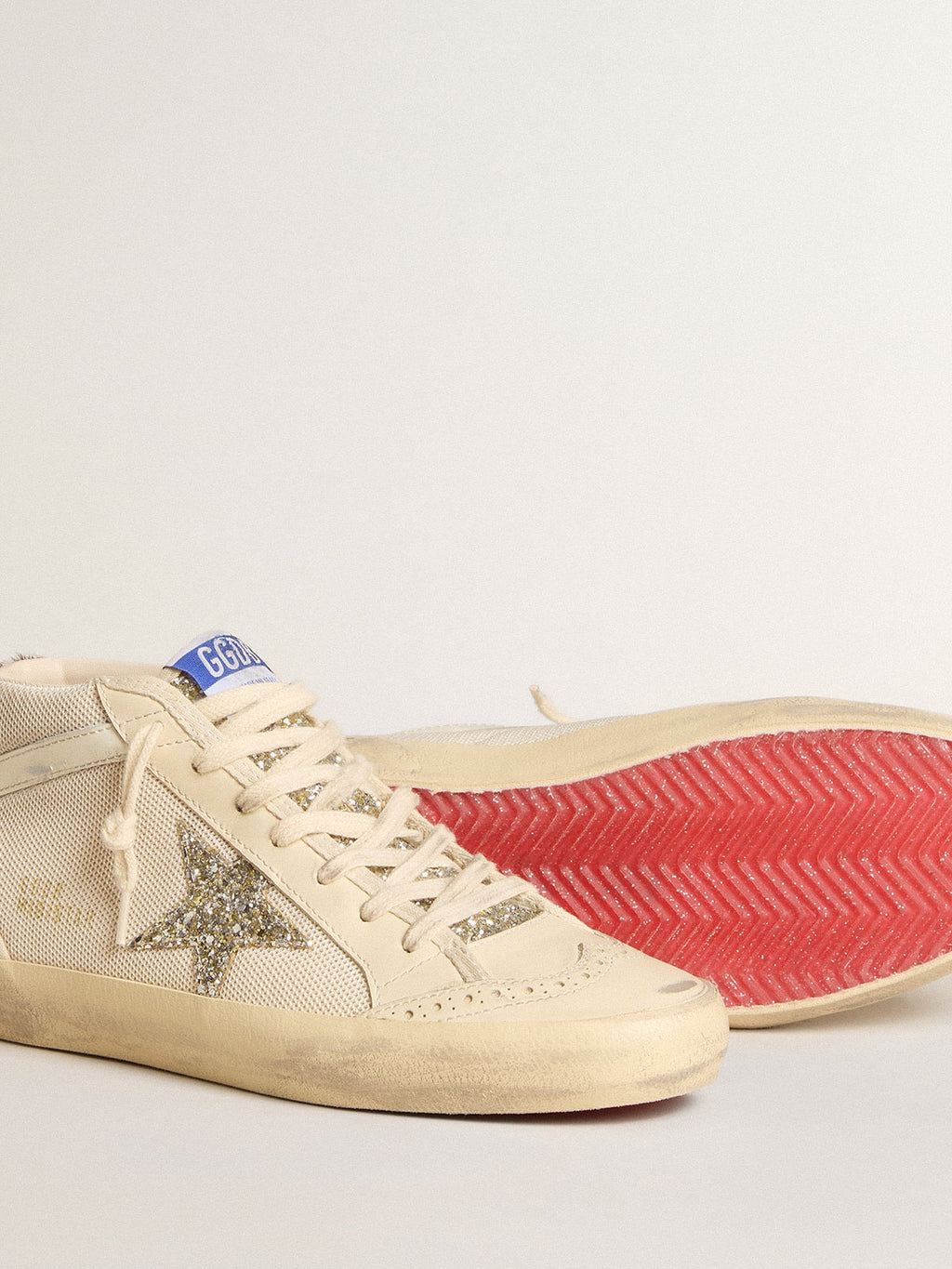 Mid Star da donna in mesh con stella glitterata platino e lampo in pelle bianca