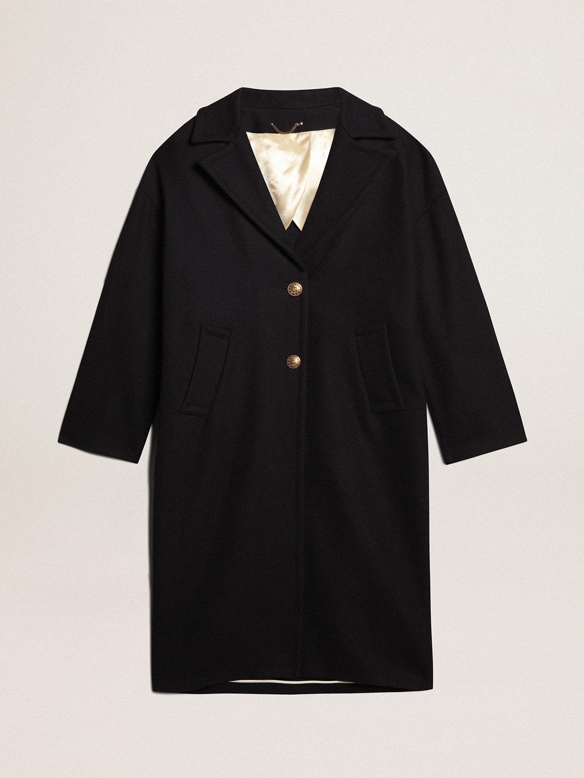 Women's single-breasted cocoon coat in dark blue wool with gold button