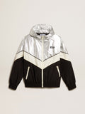 Women's windcheater in silver and black technical fabric