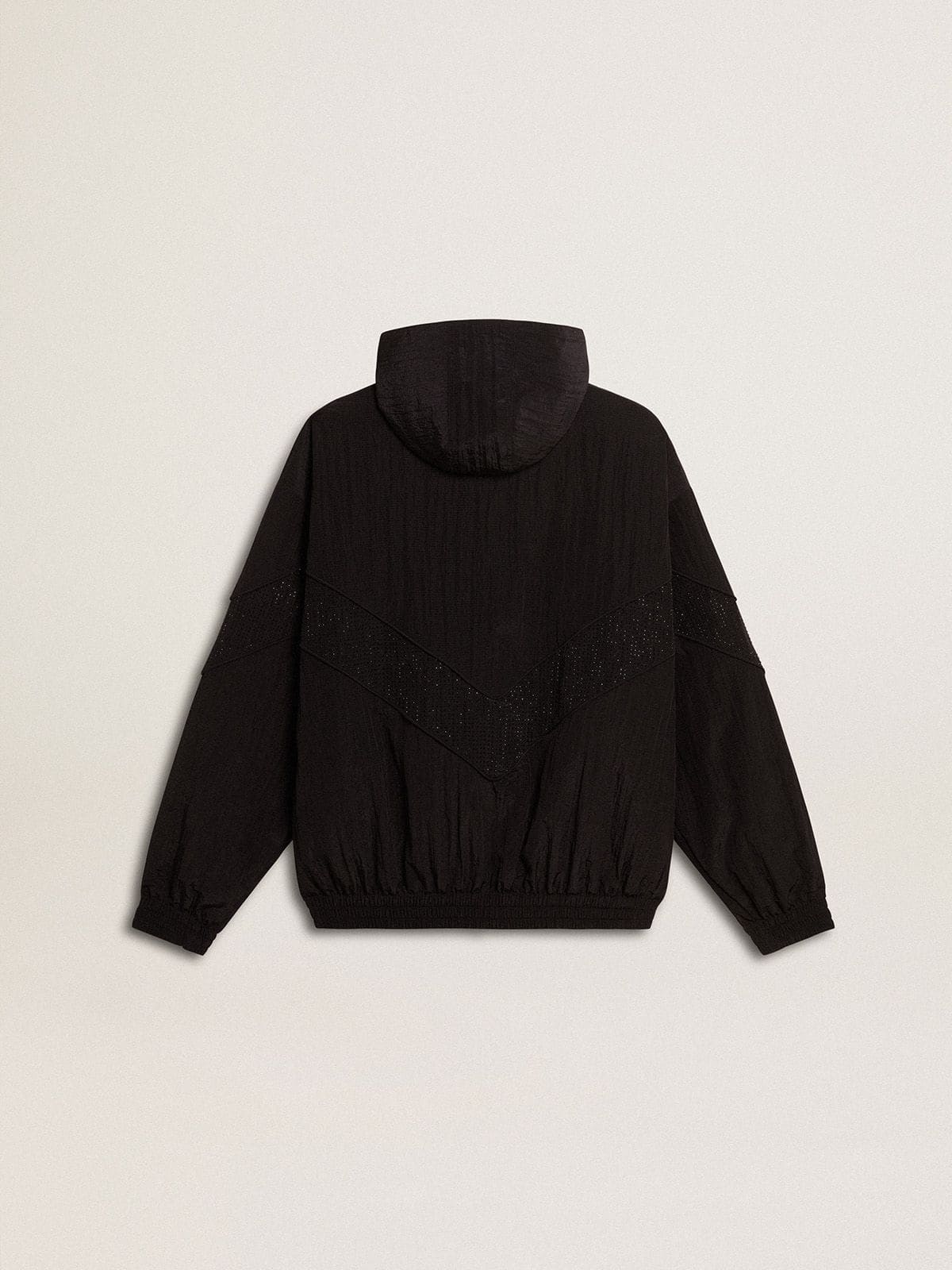 Women's windcheater in black nylon with tone-on-tone crystals