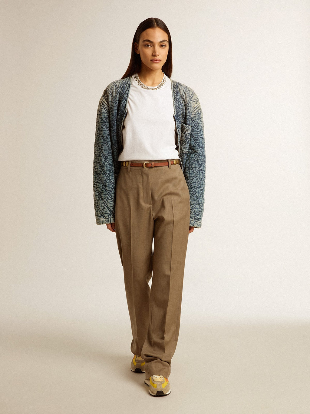 Women's blue quilted jacket in cotton denim with distressed finish