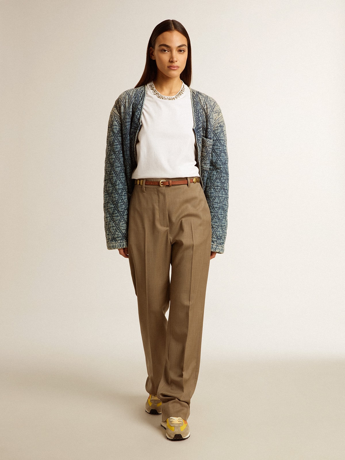 Women's blue quilted jacket in cotton denim with distressed finish